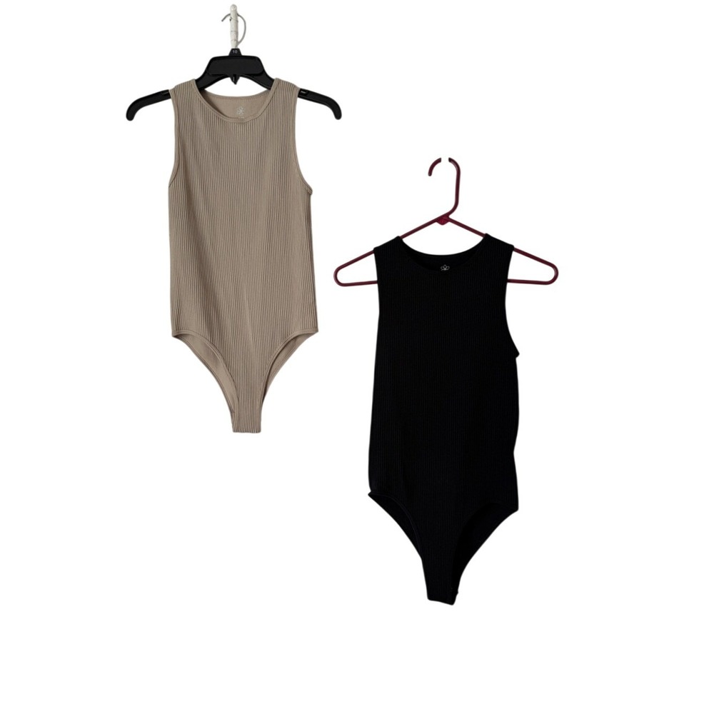 Aura Ribbed Sleeveless Bodysuit Bundle of 2 Beige & Black Neutrals Slimming M/L
